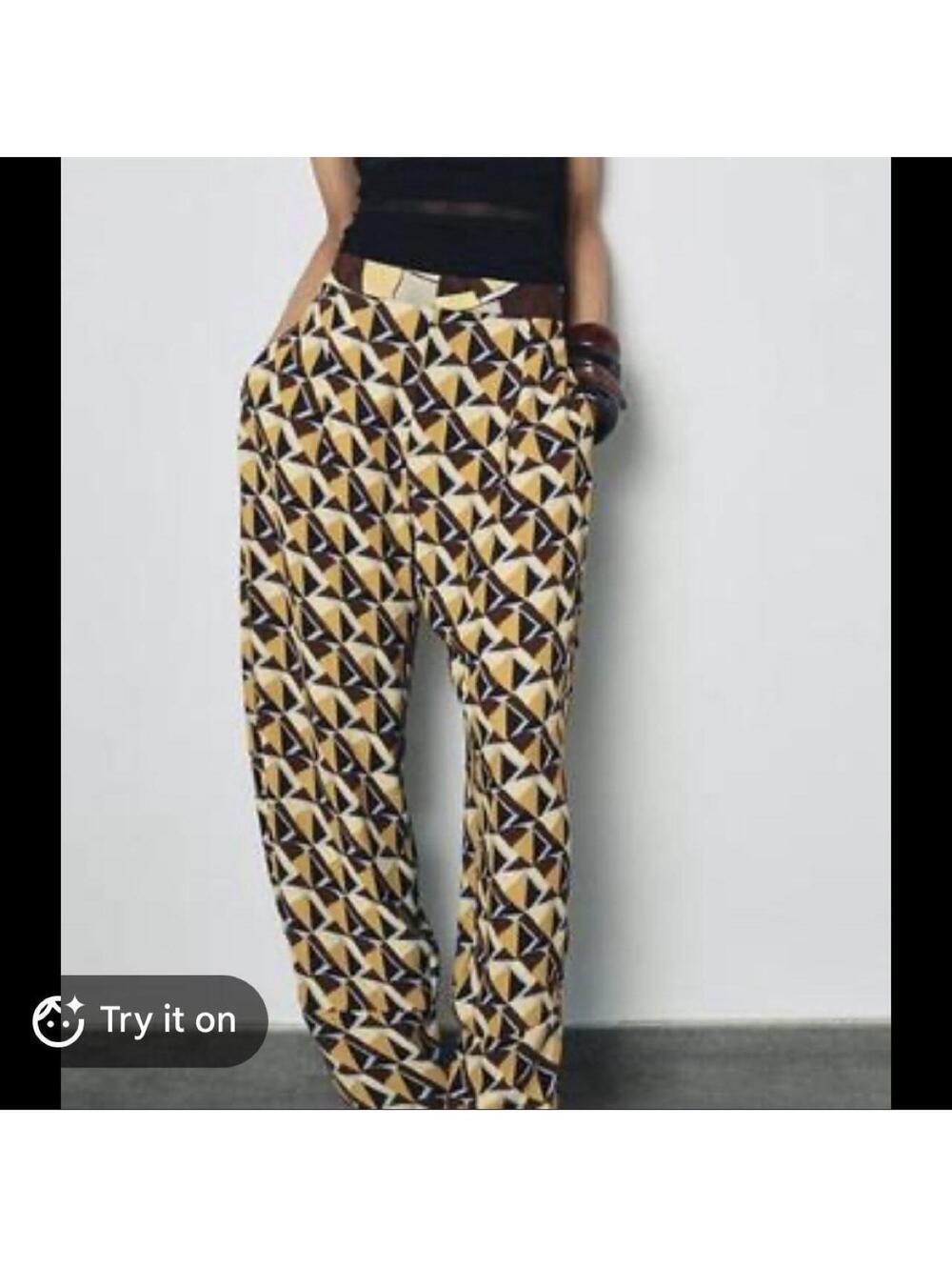 Zara barrel leg yellow geometric print lightweight trousers viscose Size S